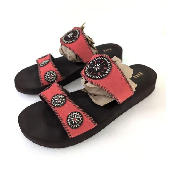 Lands End Wedge Sandal Womens 10 Red Brown Slip On Cushioned Southwestern Casual - Picture 1 of 9